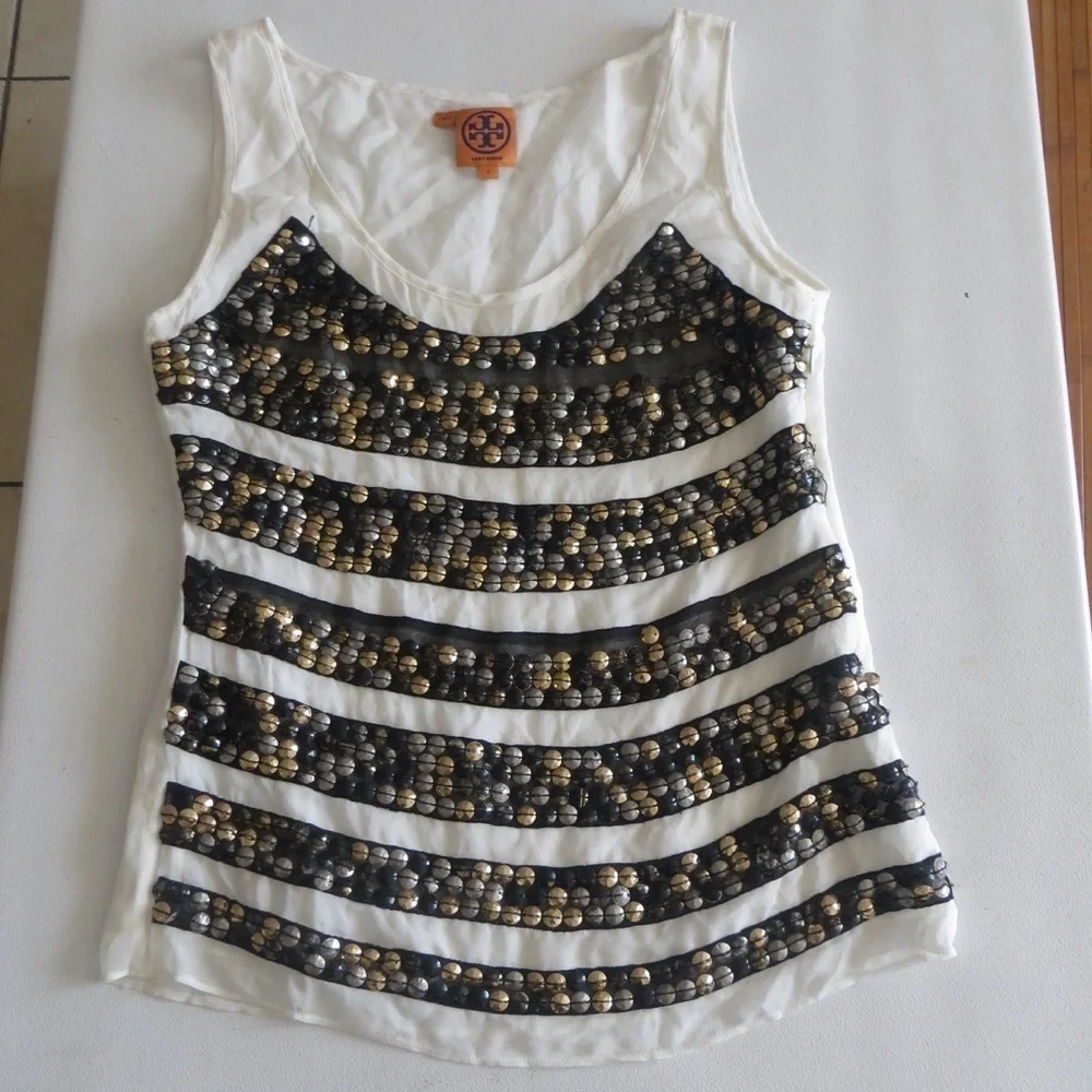 Tory Burch Cream 100% Silk Metallic Embellished Stripe Blouse Top • Size 2